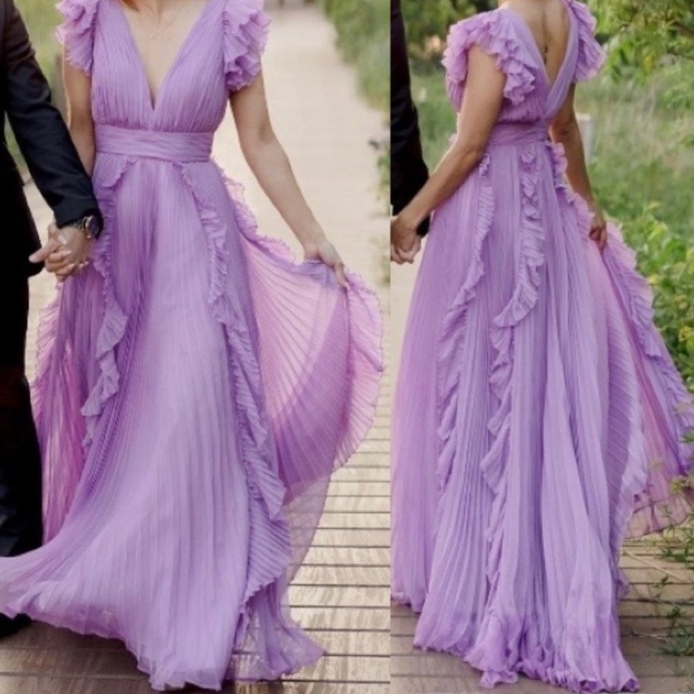 Mac Duggal Purple Pleated Ruffle Chiffon Satin V Neck Sleeveless Formal Gown NWT